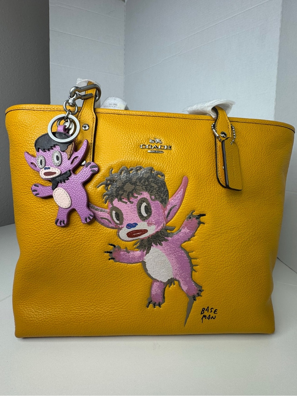 Coach Baseman Buddy Boy Mustard Yellow Leather Tote Bag Keychain And Wallet NWT - Picture 3 of 16